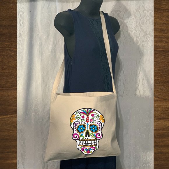 handmade Handbags - Skull Catrina Cotton Canvas Crossbody Messenger Tote Bag with Long Strap